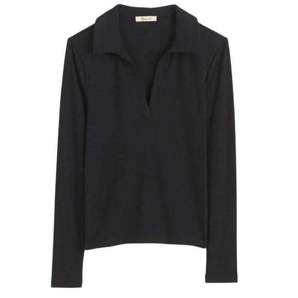 Madewell Black Ribbed Long Sleeve Polo Top Medium Collared NWT - Picture 1 of 6